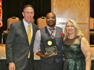 Secondary Teacher of the Year, Zachary Taylor, with Superintendent Dr. Stockton and TSTA-Conroe President Cheryl Howell 