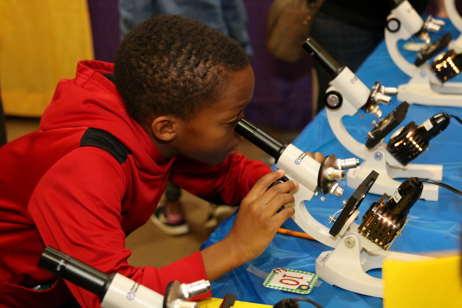 An attendee enjoys one of the campus booths at the Sci://Tech Elementary Science Festival.