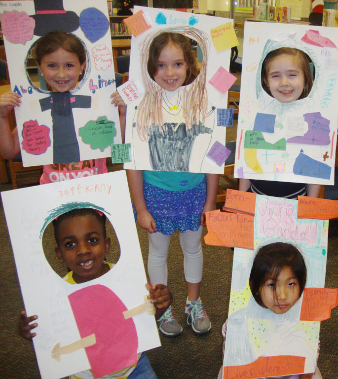 First graders at Giesinger prepare to present their biography projects.