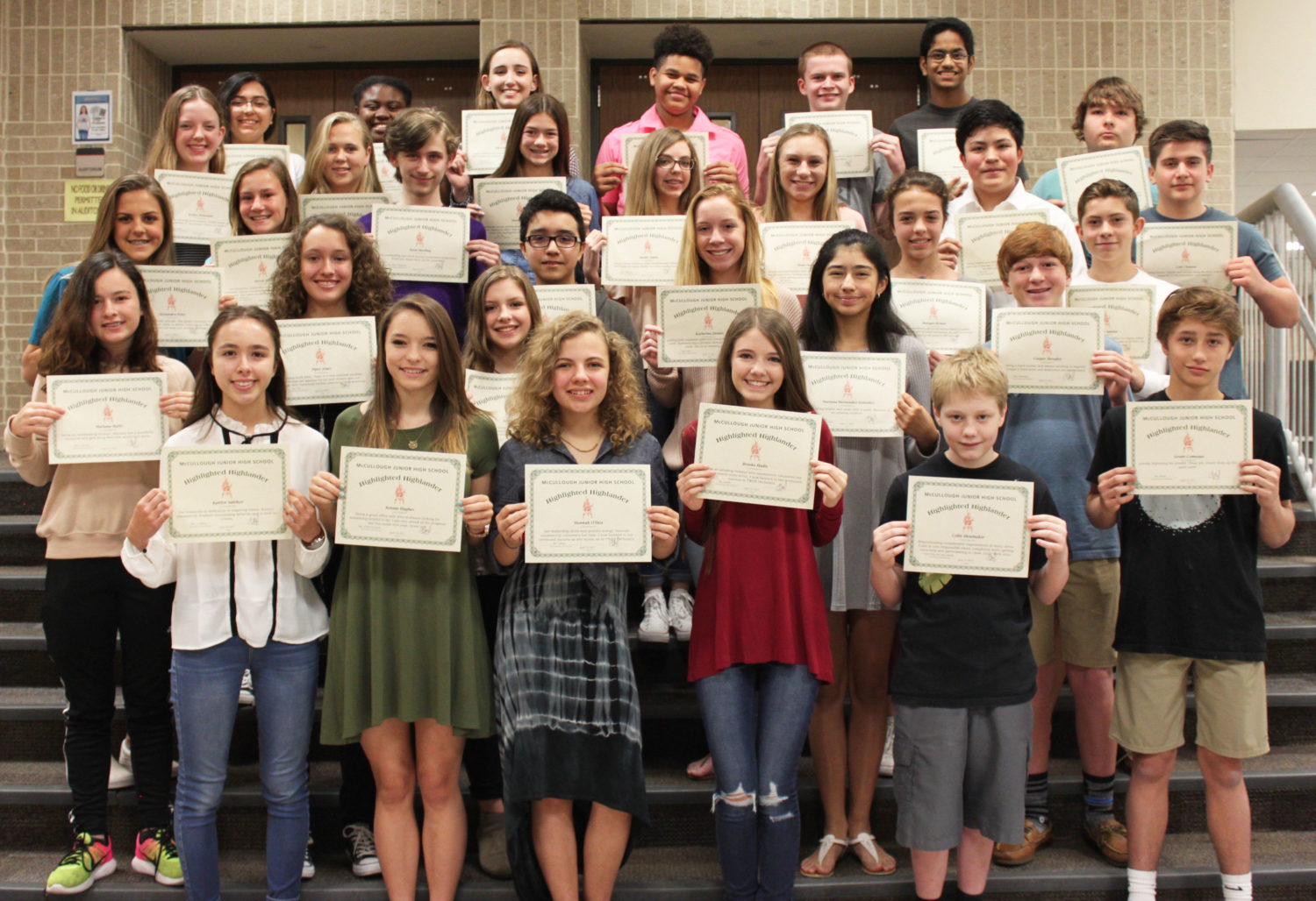 Eighth grade students at McCullough JH were honored with Highlighted Highlander Awards for outstanding achievement in academics, integrity, kindness, helpfulness, and all around greatness.