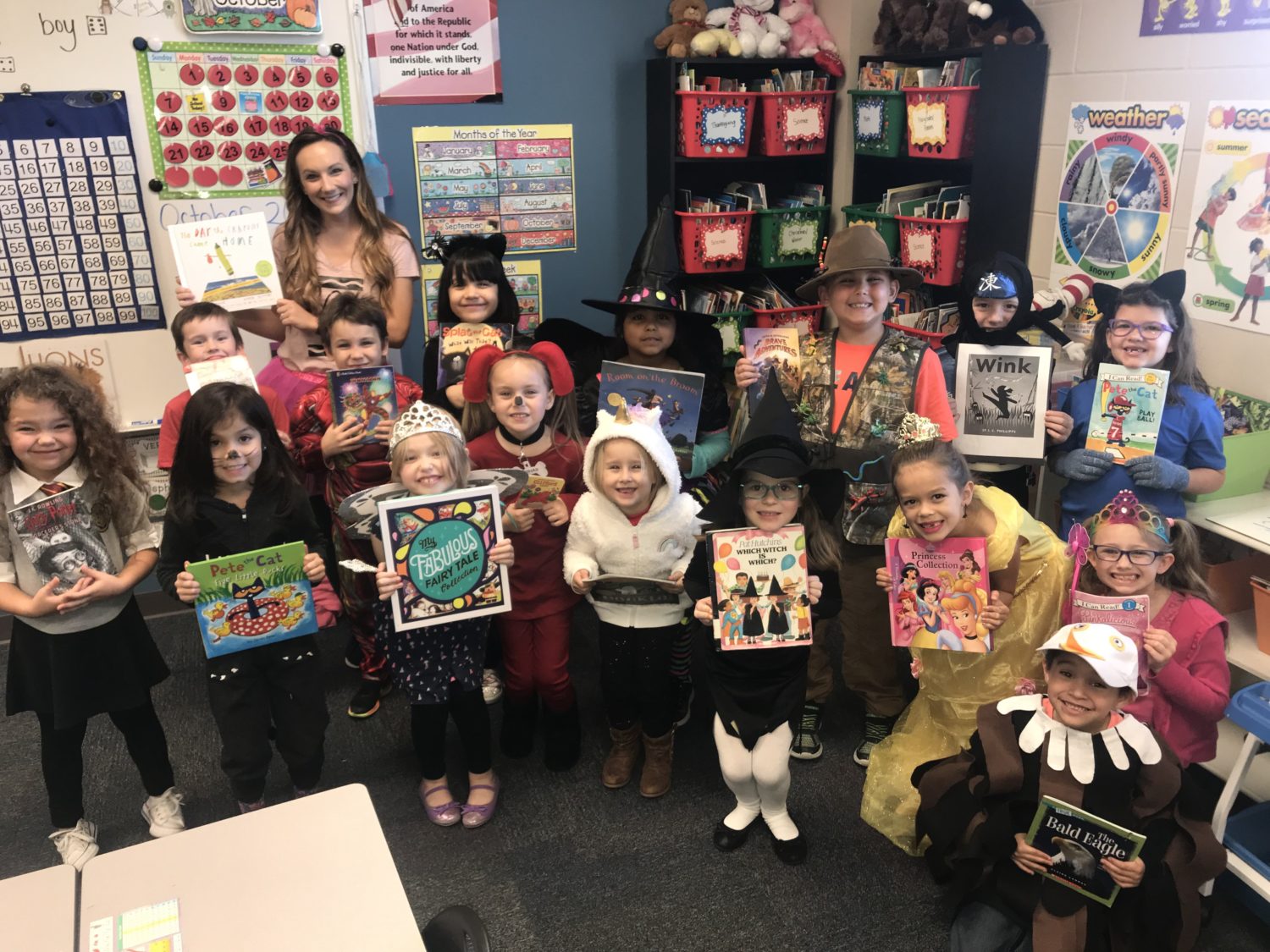 "a classroom of children dress up as their favorite storybook characters"
