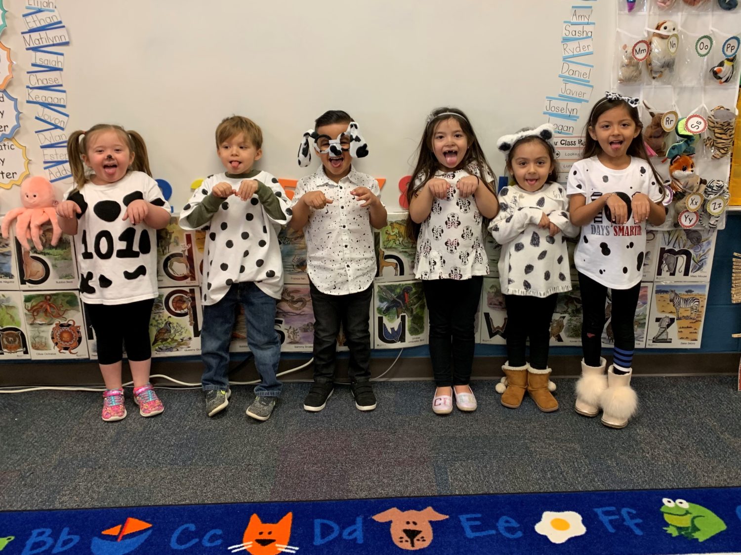 "six children dress as dalmations to celebrate 101 days of school"