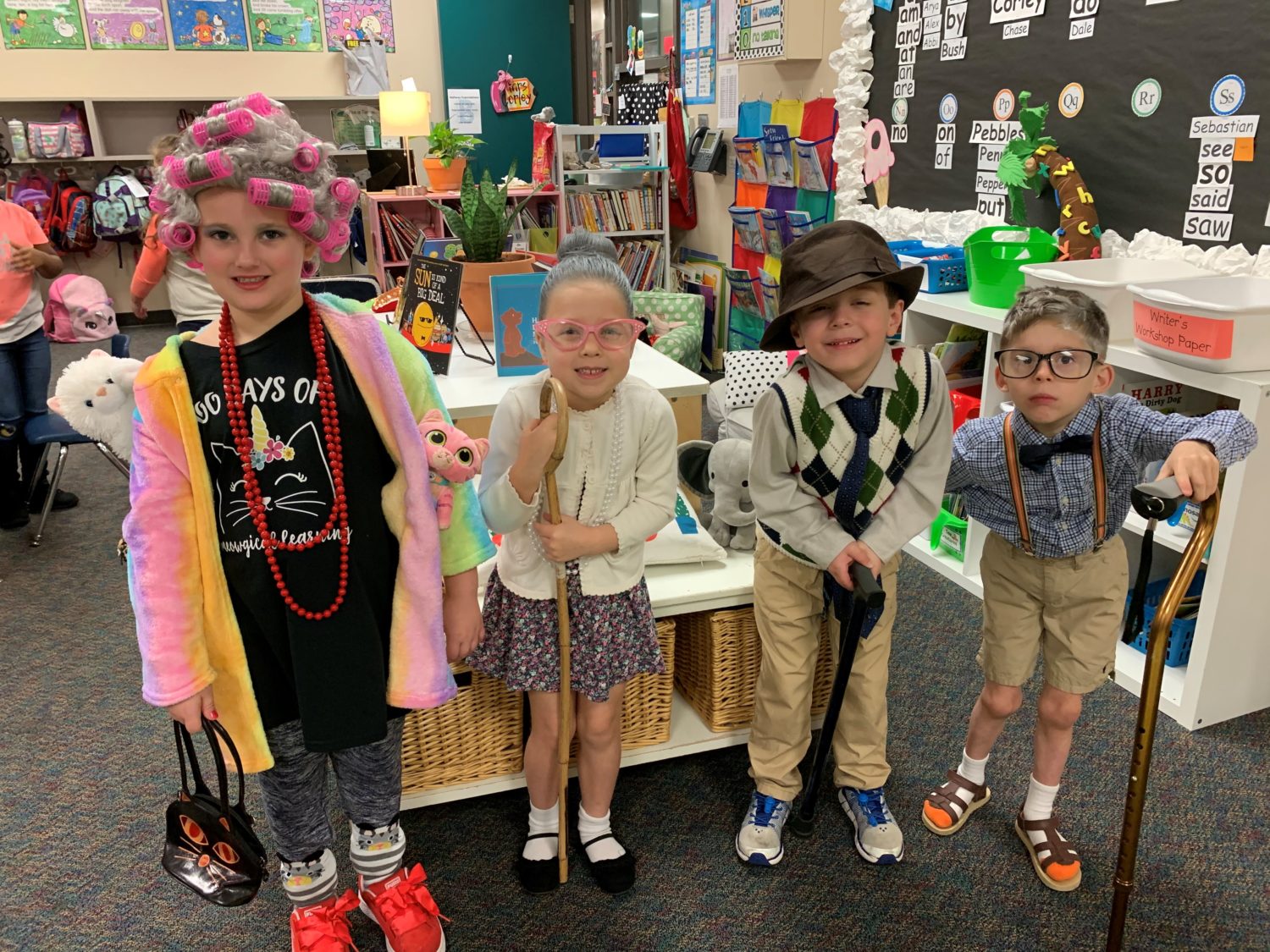 "four students dress like old people to celebrate 100 days of school"