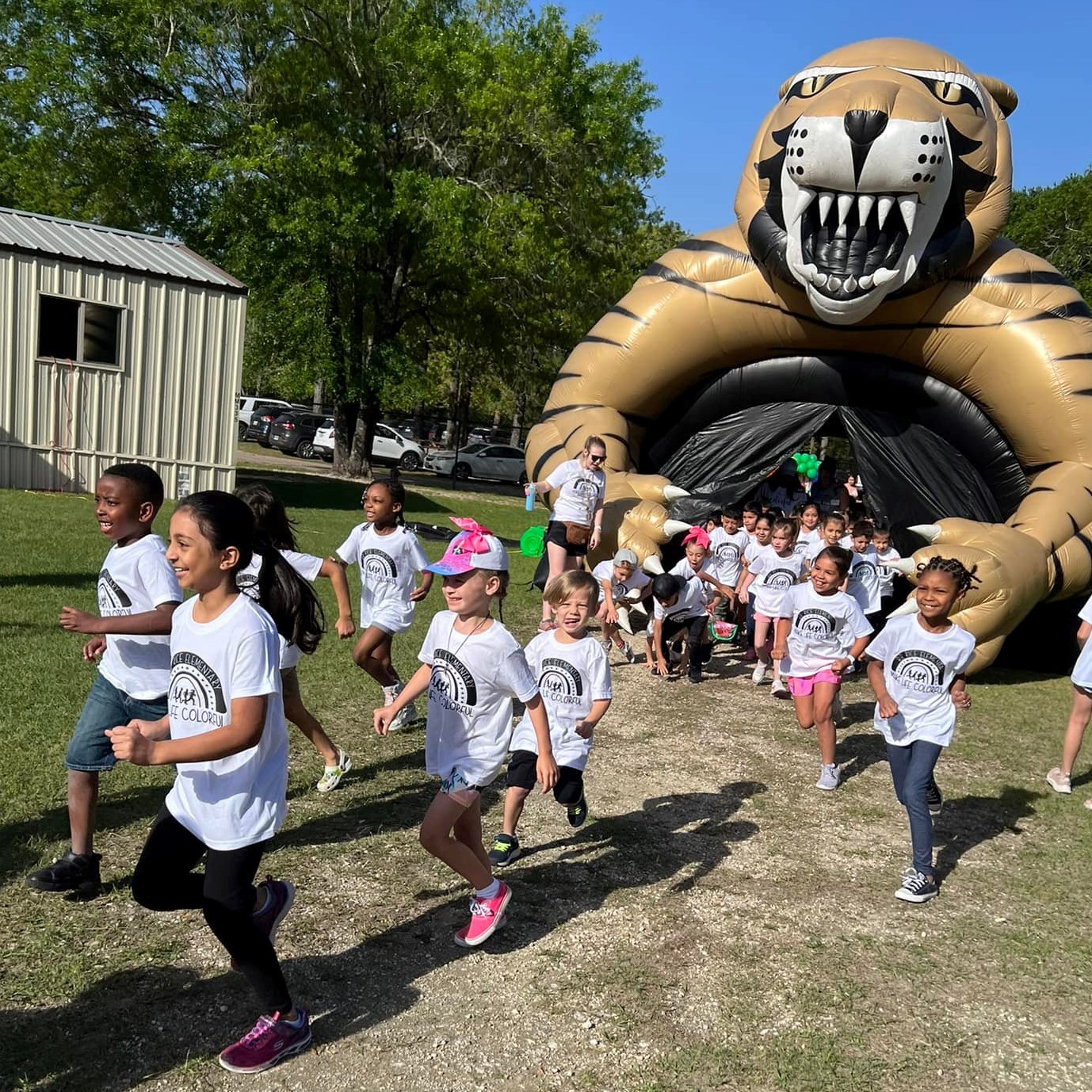 Students run out of tiger tunnel.