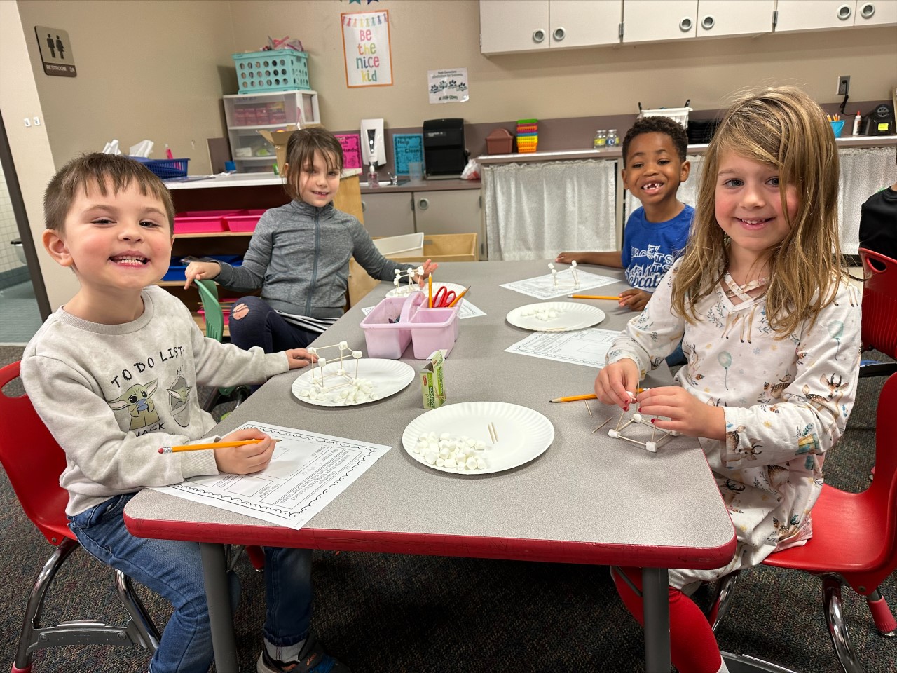 Students at Bush use toothpicks and marshmallows to create 3D shapes!
