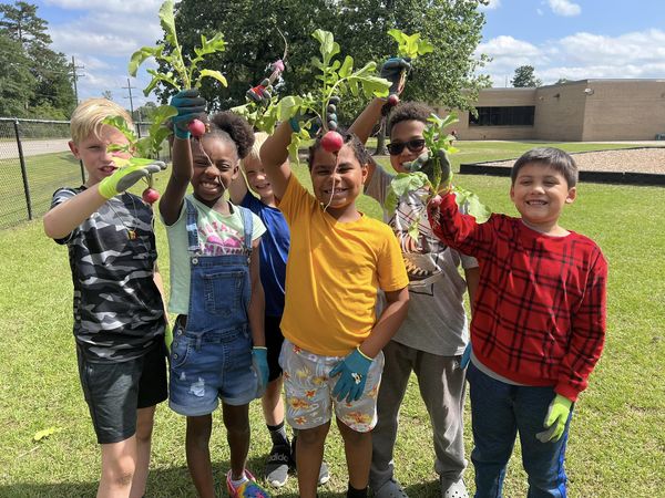 Students from the Houser Horticulture Garden Club are excited to harvest items from their garden.
